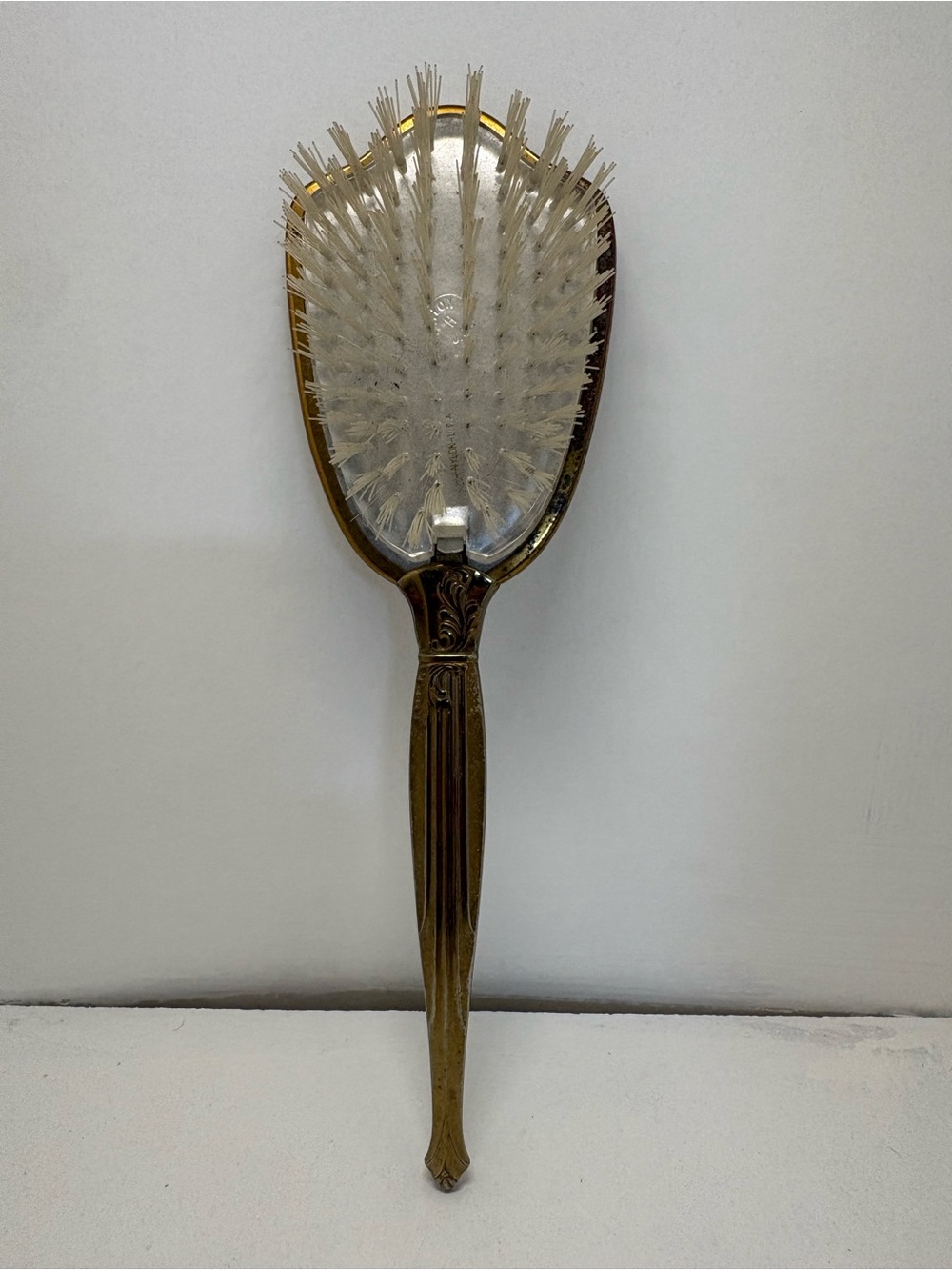 Vintage Gold Tone Floral Handheld Vanity Hand Mirror & Hairbrush Brush Set